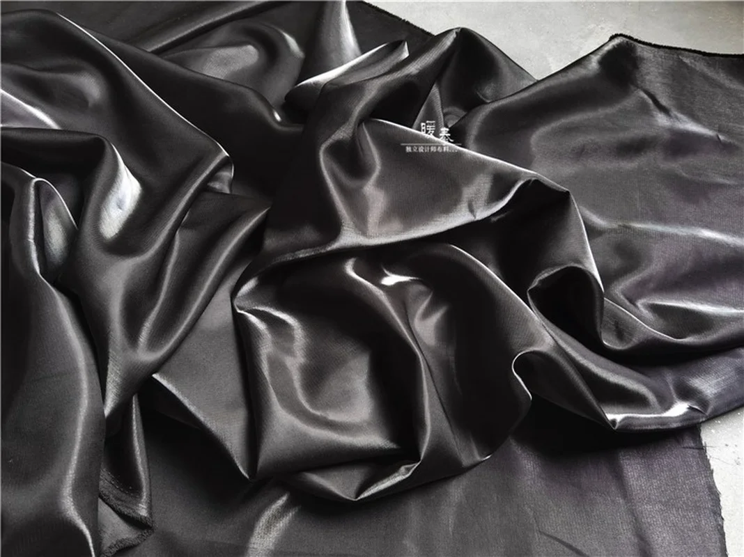 Liquid Reflective Silk Satin Fabric Shiny Black Metallic Luster Silkblend Organza DIY Decor Shirt Dress Clothes Designer Fabric