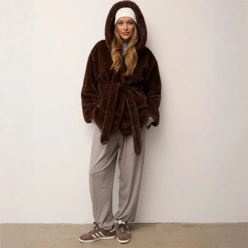 

A long hooded and belted artificial fur coat for women