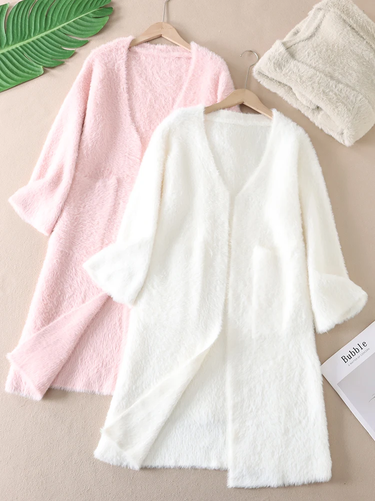 سترة نسائية محبوكة طويلة من Thiened معطف شتوي مع كيتات كبيرة دافئة من الفرو الصناعي وشعر طويل ملابس خارجية فضفاضة #1