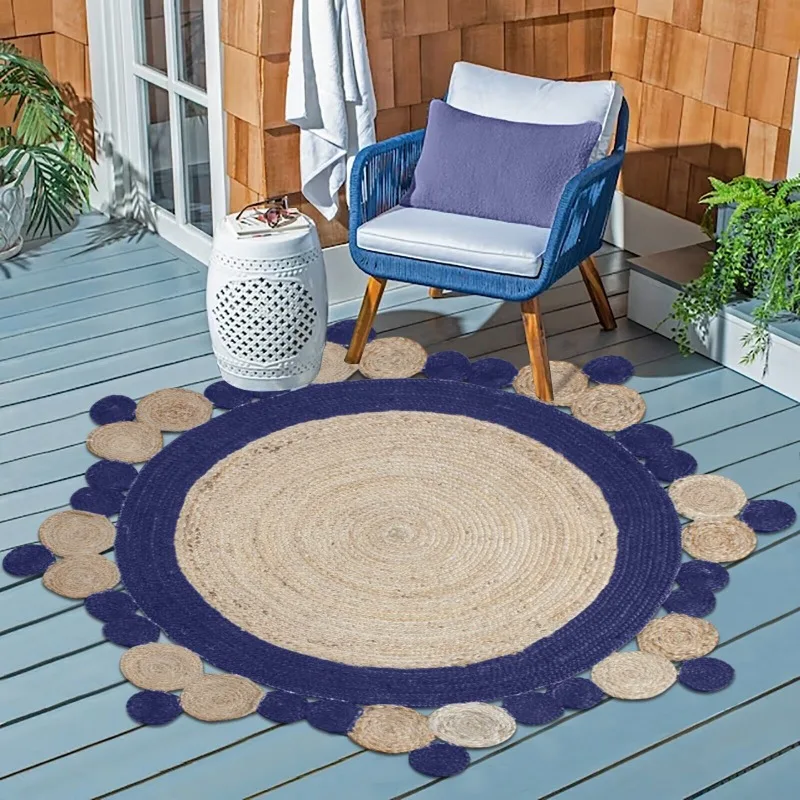 Handmade Natural Jute Rugs Scalloped Living Room Round Mat Hallway Blue