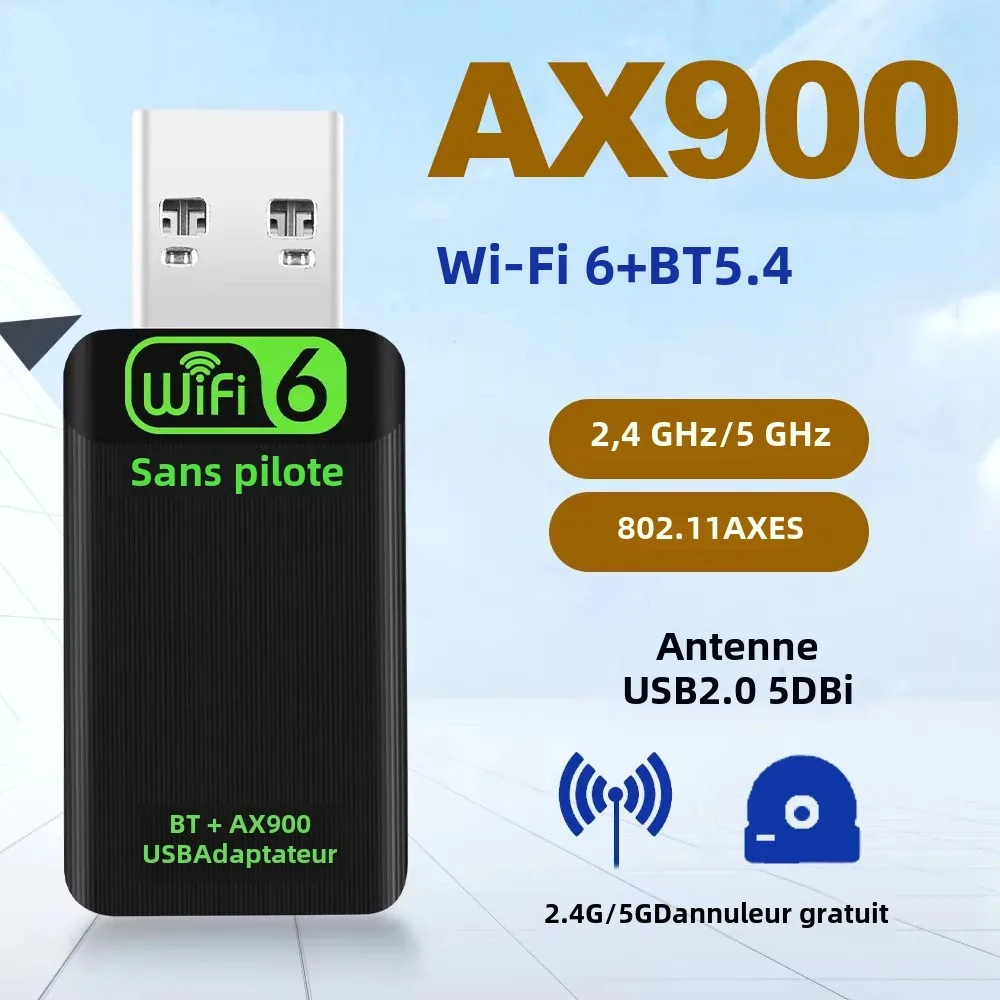 WiFi 6 AX900 Bluetooth 5.4 WiFi USB adaptateur carte réseau sans fil 2.4G et 5GHz Wi-Fi USB recevoir
