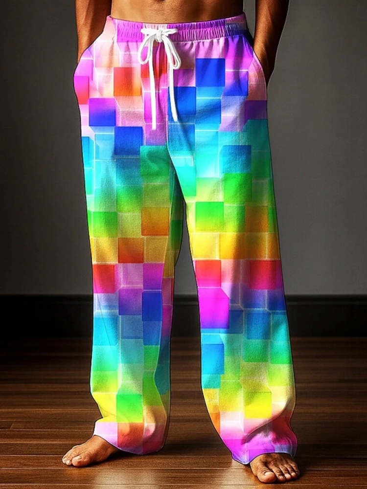 

Мужские повседневные брюки с радужным принтом в стиле пэчворк, свободного кроя, дышащие, для активного отдыха, с завязками на талии, больших размеров