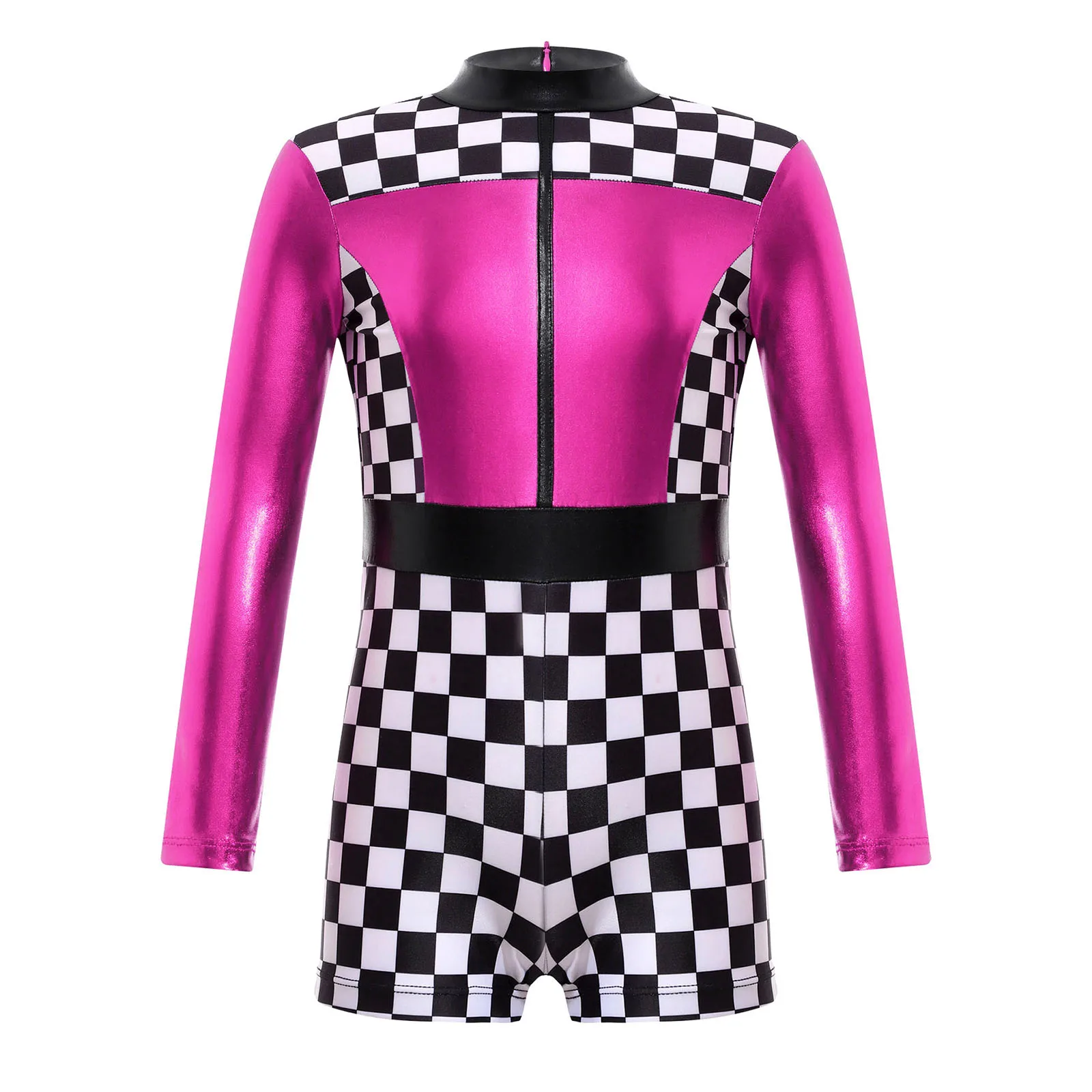 

Kids Girls Race Car Racer Bodysuit Halloween Carnival Theme Party Cosplay Fancy Costume Long Sleeve Checkerboard Print Jumpsuit