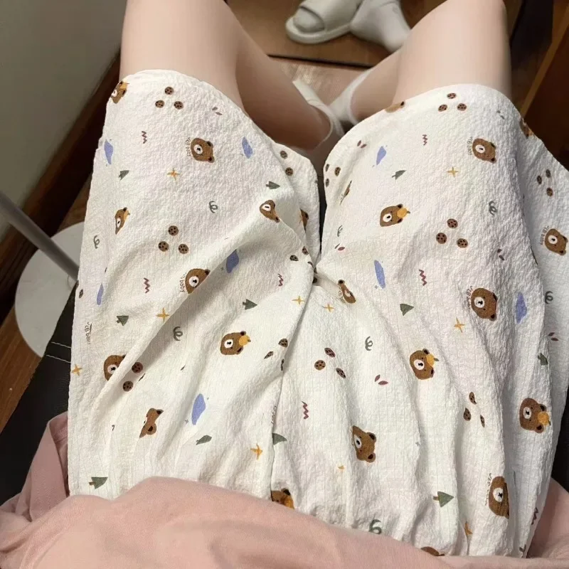 Cute Cartoon Print Summer Sleep Pants Women Sleep Bottoms High Waist Sweatpants Thin Shorts Floral Wide Leg Pants Loungewear