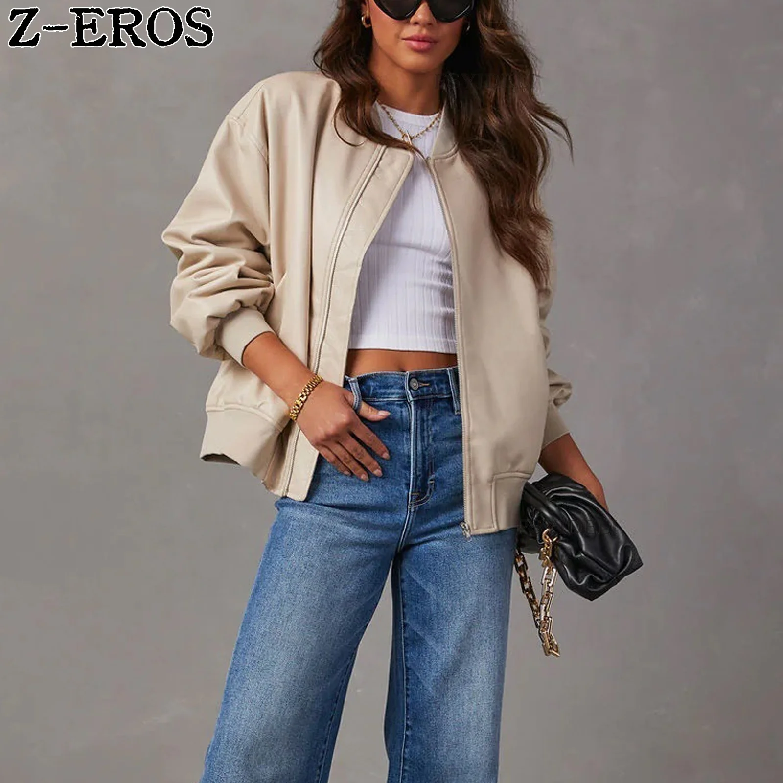 Z-EROS Pu Leather Jacket Solid Color Women\'s Long Sleeved Zipper Loose Autumn Fashion Versatile Street Women\'s Short Coat Pocket