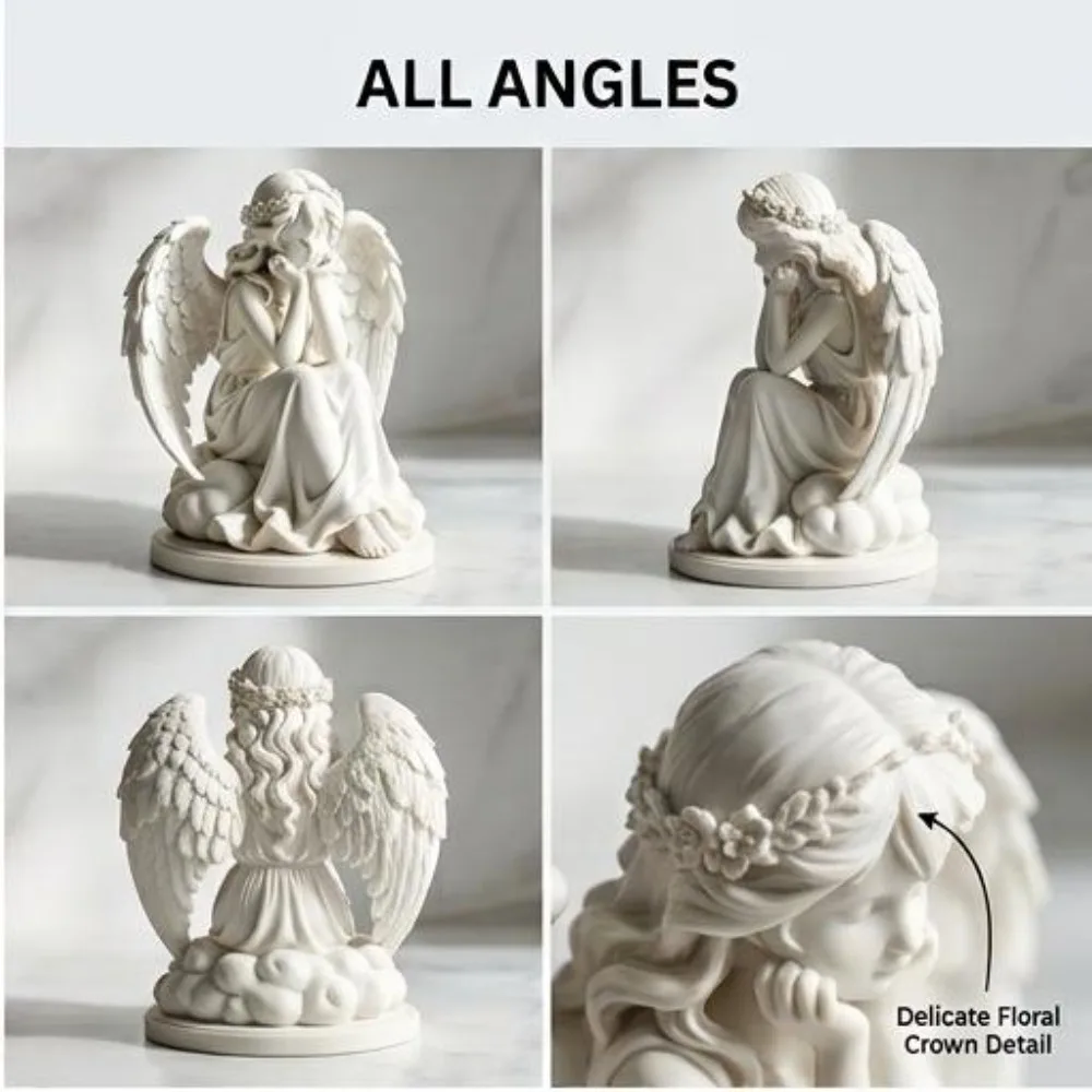 3D Printed Little Angel Statue with Floral Crown Detailed Wing Cherub Figurine Healing Cloud Base Home Tabletop Desk Decor