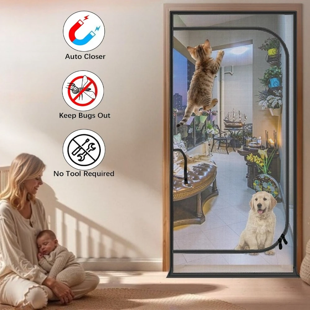 

Дверца-сетка для домашних животных с защитой от кошек, утолщенная, для дверных проемов, для гостиной и спальни, с молнией