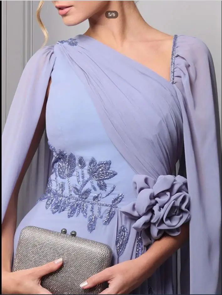 Suknia wieczorowa z asymetrycznym dekoltem, rękawami typu peleryna, zdobiona koralikami, syreni krój, sukienki bankietowe, ręcznie robione kwiaty, odzież formalna.