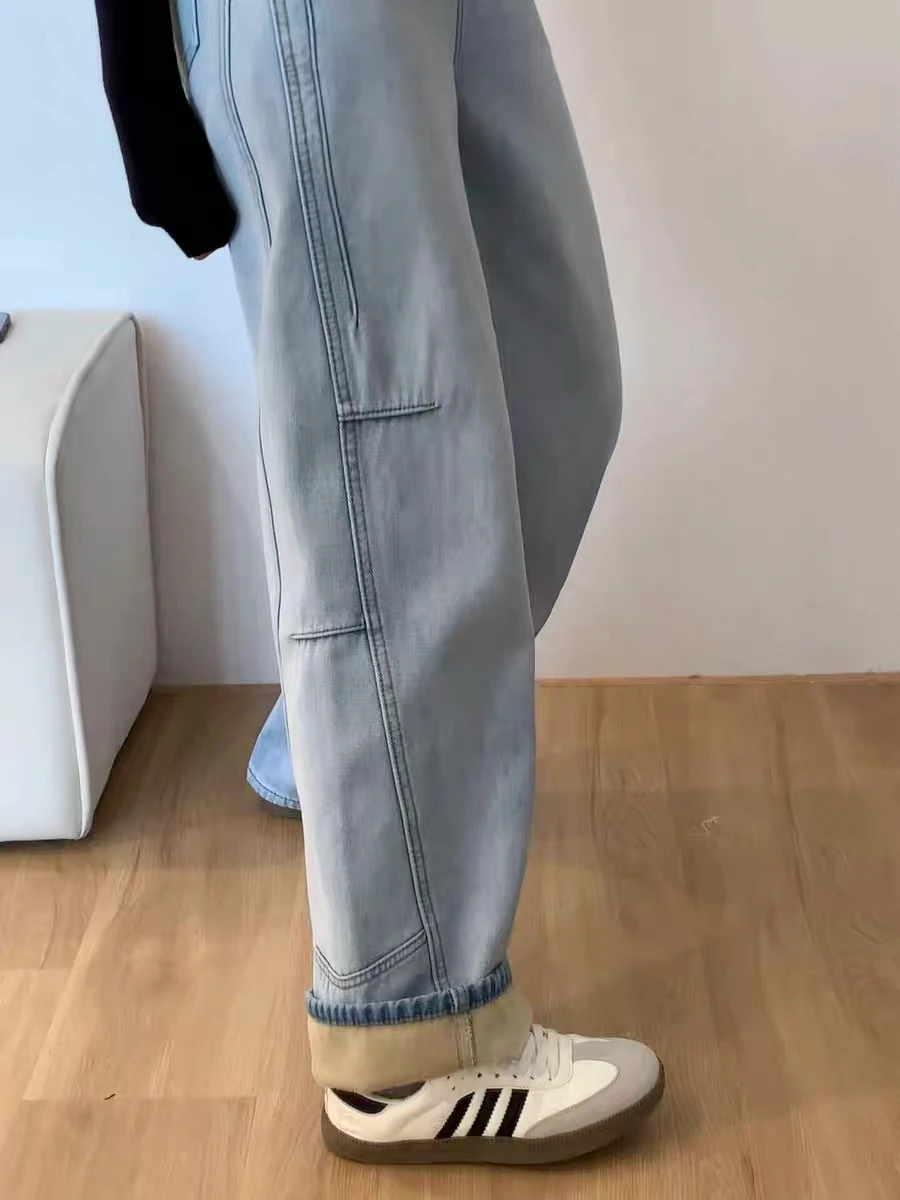 

Женские зимние джинсовые брюки больших размеров с флисовой подкладкой, свободные, с высокой талией, прямые, широкие штанины, для фигуры типа «груша»