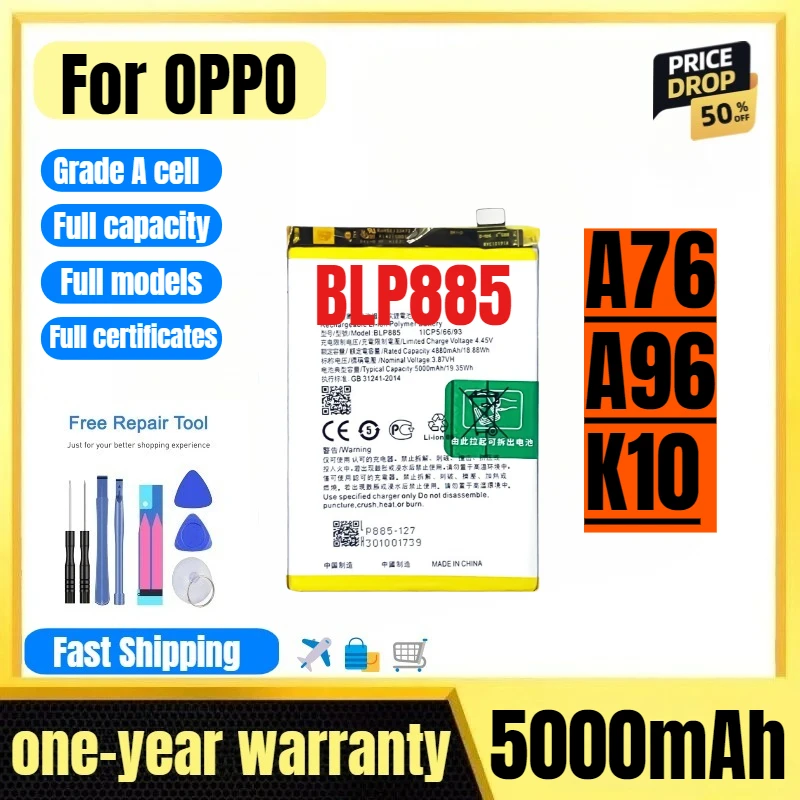 

BLP885 for OPPO A76/A96/K10 Mobile Phone Battery High Quality High Capacity Battery Replacement Bateria Grade A Cell with Tools