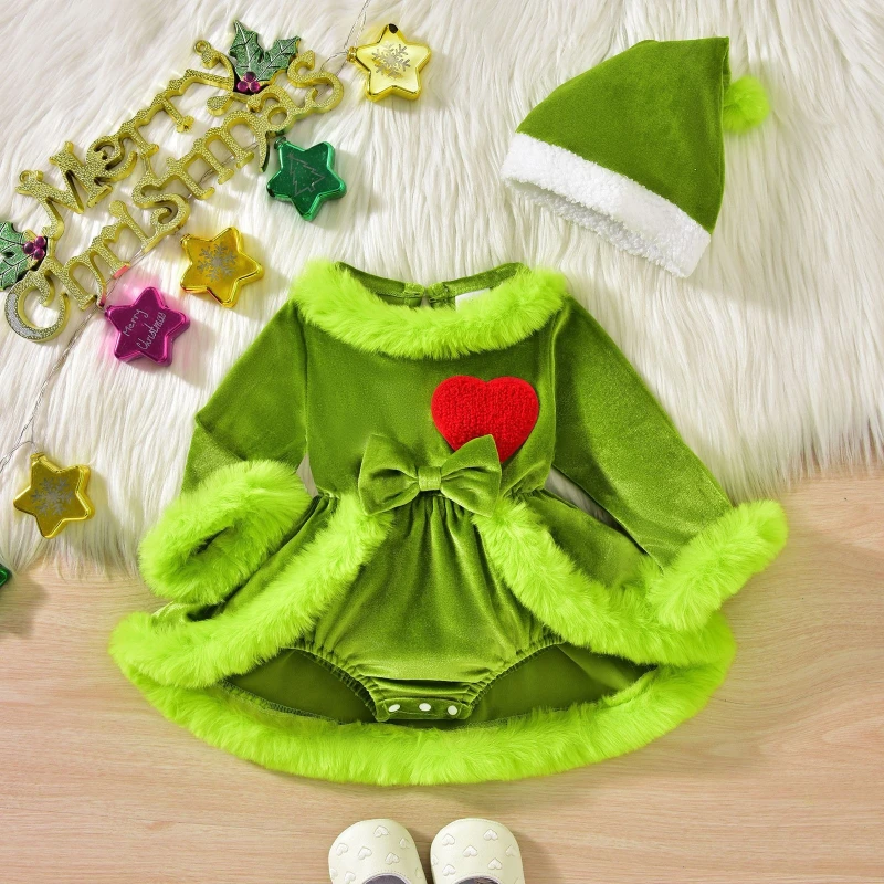 Baby Girl Christmas Green Velvet Heart Romper Dress Hat Set Newborn Infant Toddler Holiday Costume Outfit Clothes