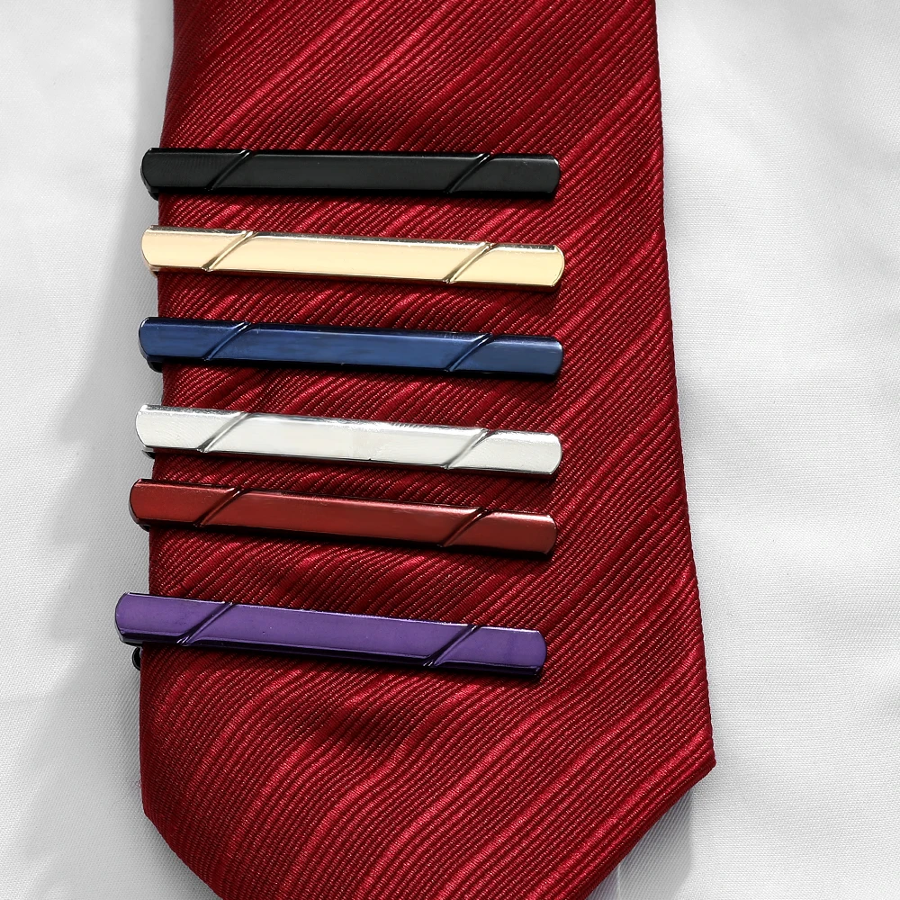 6 unids/set divertido patrón de sarga Clip de corbata para hombre con caja de regalo rojo púrpura azul negro dorado plateado colores joyería