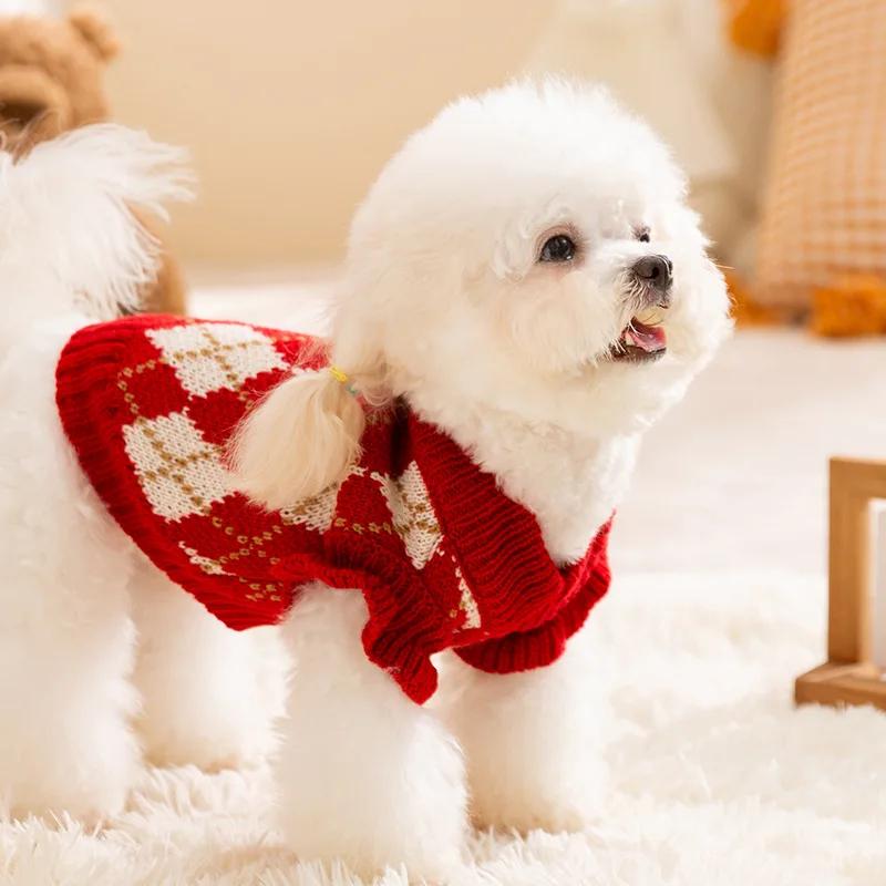 Winter Dog Sweater Fashion Plaid Dog Clothes Warm Soft Puppy Knitted Sweater Cherry Print Cat Pullovers Chihuahua Pet Clothes