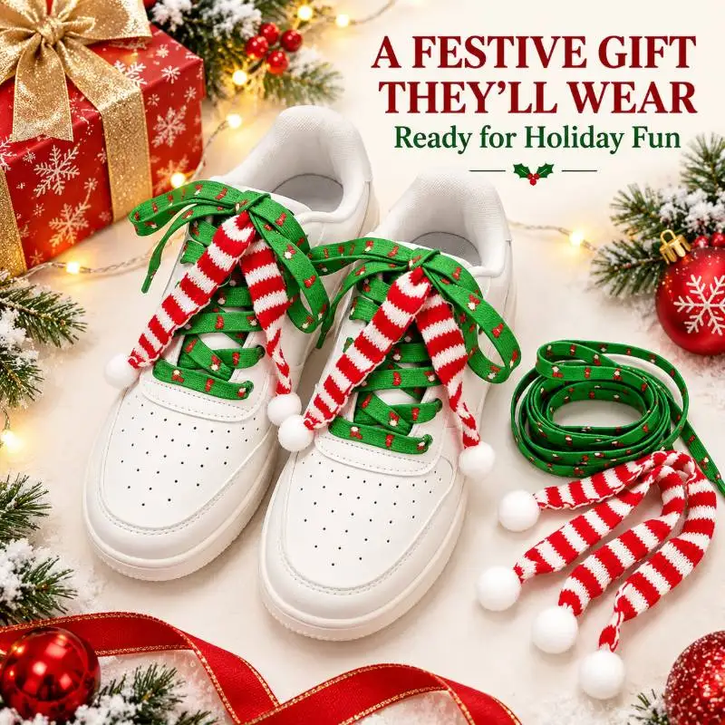 2 green shoelaces+2 red and white striped shoelaces Christmas creative shoestring shoe decoration accessories