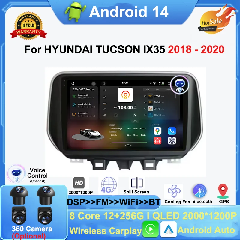 

9 "Android 14 для HYUNDAI TUCSON IX35 2018-2020 Автомобильный радиоприемник Стерео Мультимедийная навигация Видеоплеер GPS Беспроводной Carplay DSP 4G