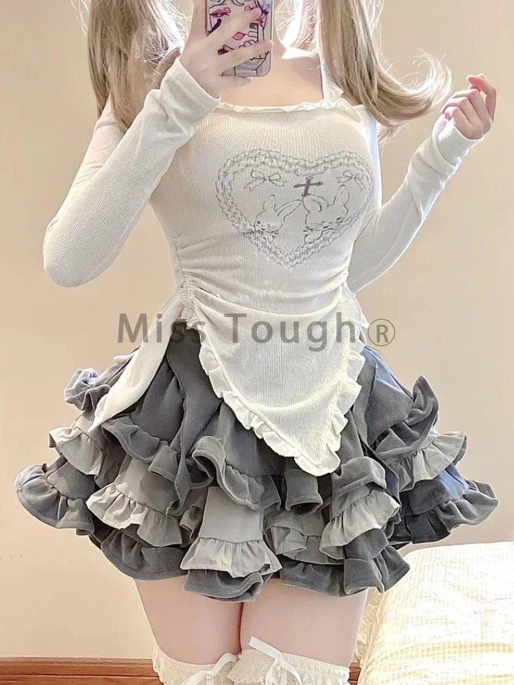 Autumn Japanese Kawaii Two Piece Set Women Sweet Rabbit Print Cute Skirt Suit Female Korean Slim Tops＋Princess Cake Skirt 2024