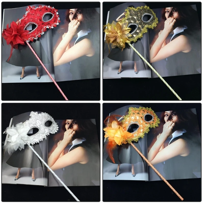 Mulheres meninas rendas bordado máscara de máscaras com vara portátil halloween cosplay festa traje acessórios palco dança adereços