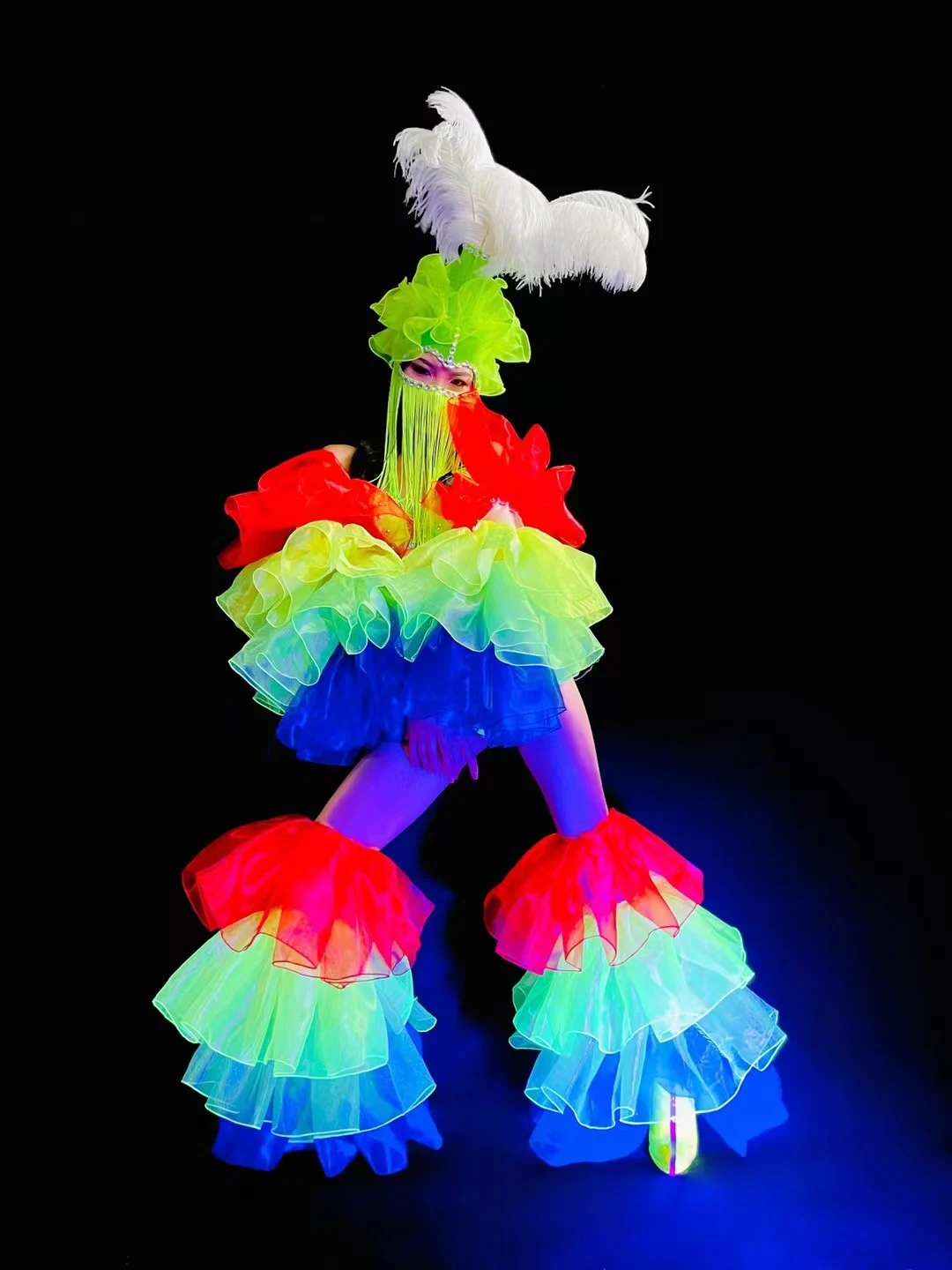 

Fluorescent Color Creative Stage Costumes Feather Headdress Bikini Sexy Nightclub Gogo Show Dancing Performance Clothing Suit