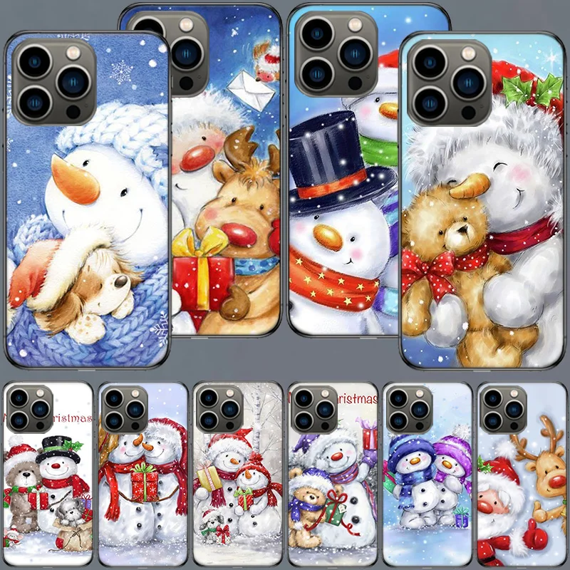 Merry Christmas Snowman Phone Case For Apple Iphone 16 15+ 14 Plus Coque 13 12 Mini Clear 11 Pro Max Cover Silicone Cute Shell S