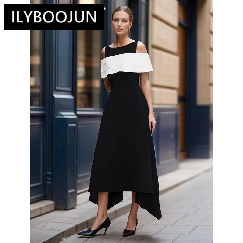 

ILYBOOJUN Colorblock Elegant Spliced Zipper Dress For Women O Neck Sleeveless High Waist Chic Formal Dresses Female Fashion