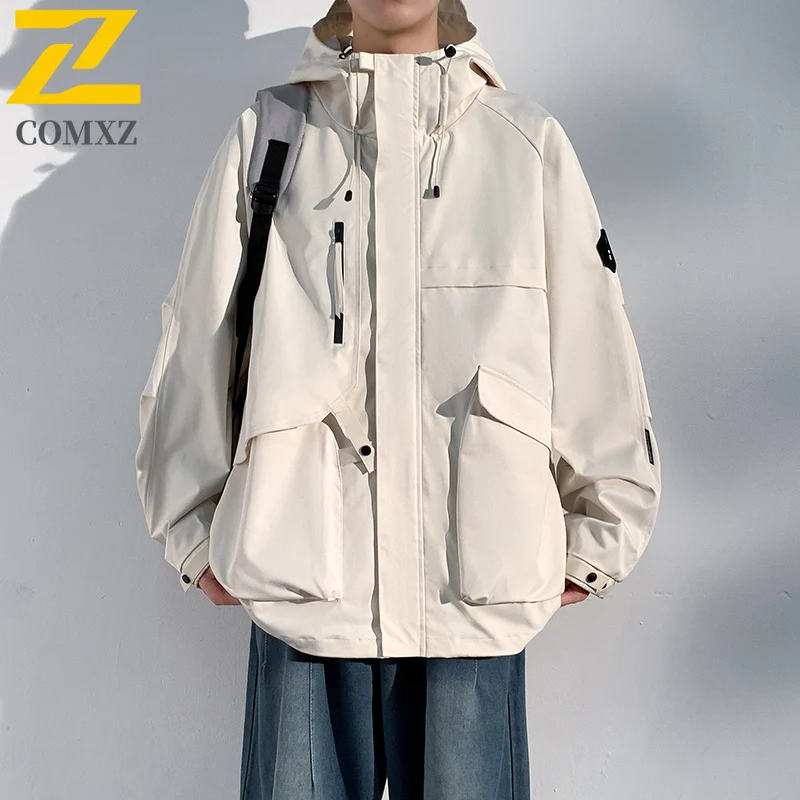 Men's Spring Autumn Workwear Jacket Windproof Waterproof Hooded Parka with Multi-Pockets Breathable Membrane for Outdoor Travel