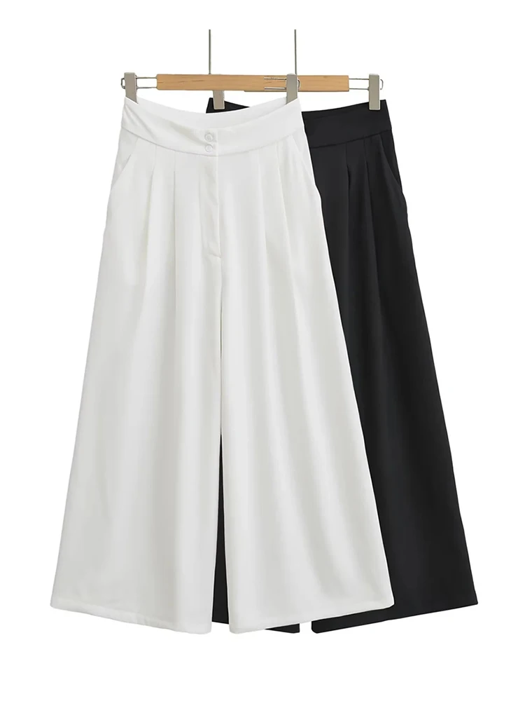 

2024 Girls Casual High Waist White Pletaed Long Pants Women's Casual Zipper Fly Black Linen Blend Wide Leg Pants