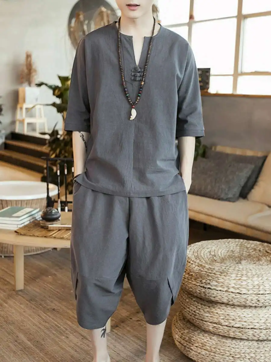 

New Arrival Cotton Linen Set for Young Men Summer Two-Piece Korean Sle T-irt And orts Seven-Foot Sve Long Velour