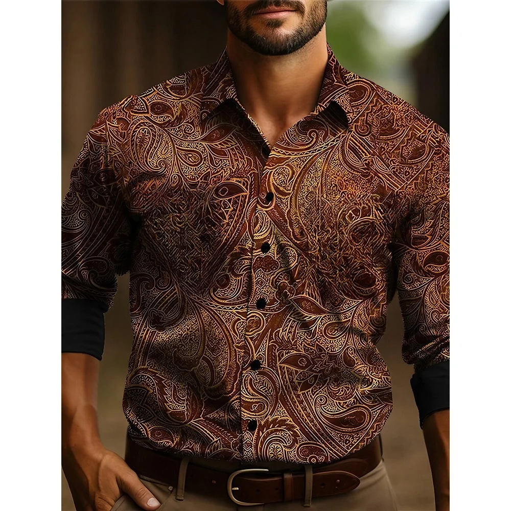 Men\'s long-sleeved shirt Four seasons casual lapel button down shirt Men\'s denim retro ethnic totem style breathable soft shirt