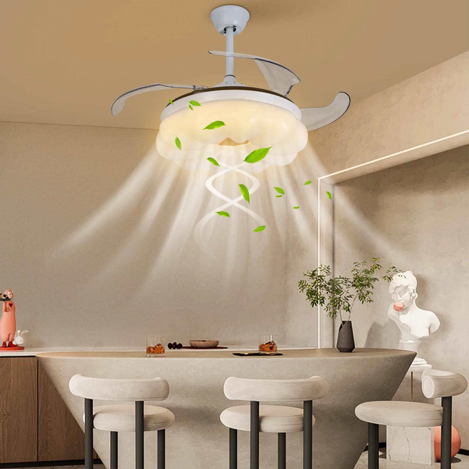 Ceiling Fan with Lights&Remote Control 6 Gears Wind Speed 42 Inch Modern Fandelier Ceiling Fan Retractable Ceiling Fan for Dining Room/ Corridor/Balcony/Cafe/Store/Bar/Office/Hotel