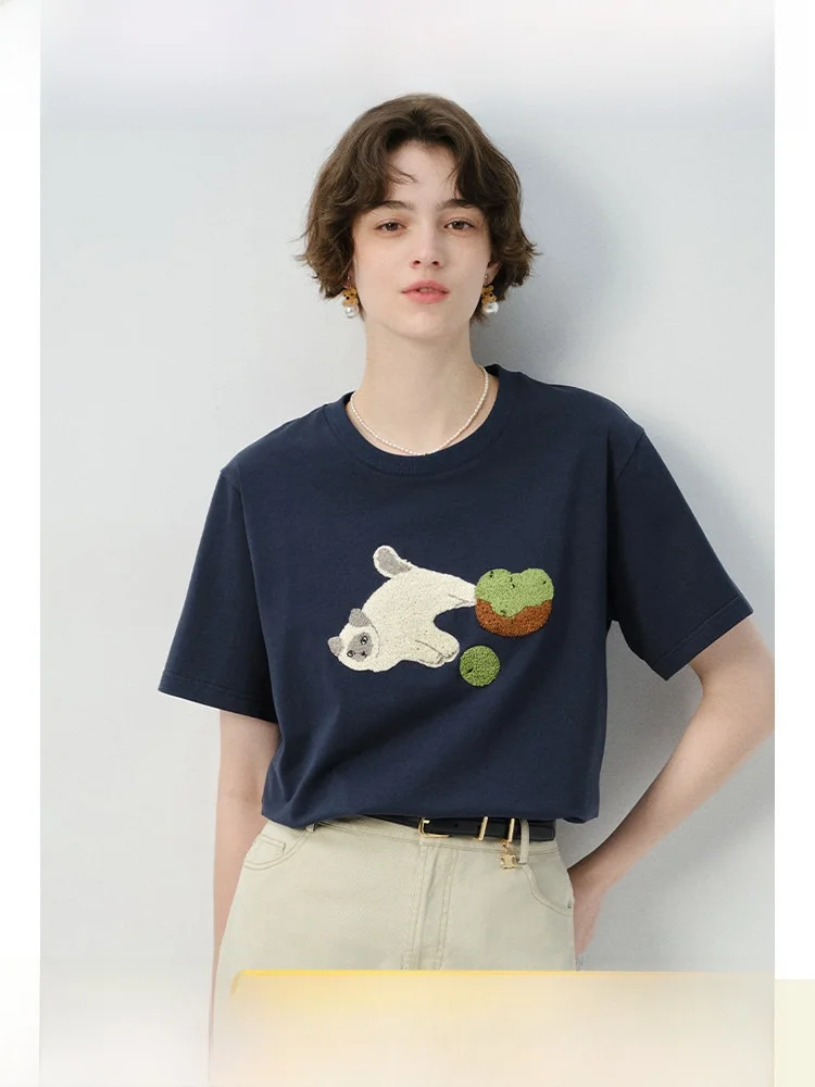 

Large Size Women's round Neck T-Shirt Embroidered Towel Summer Loose Breathable Short Sleeve Casual Style Top