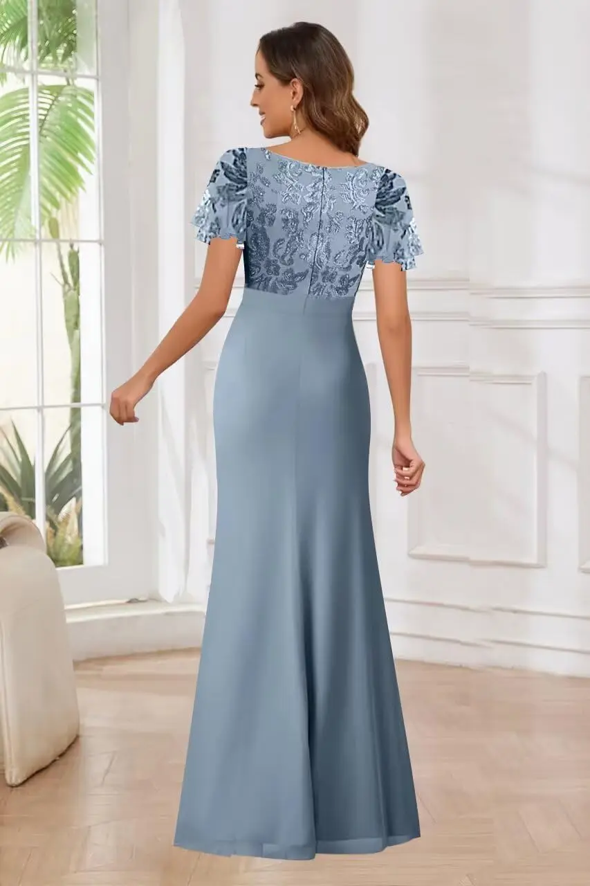 Formal Mermaid Mother of The Bride Dresses for Women with Sleeves Floral Sequin Chiffon Evening Dress