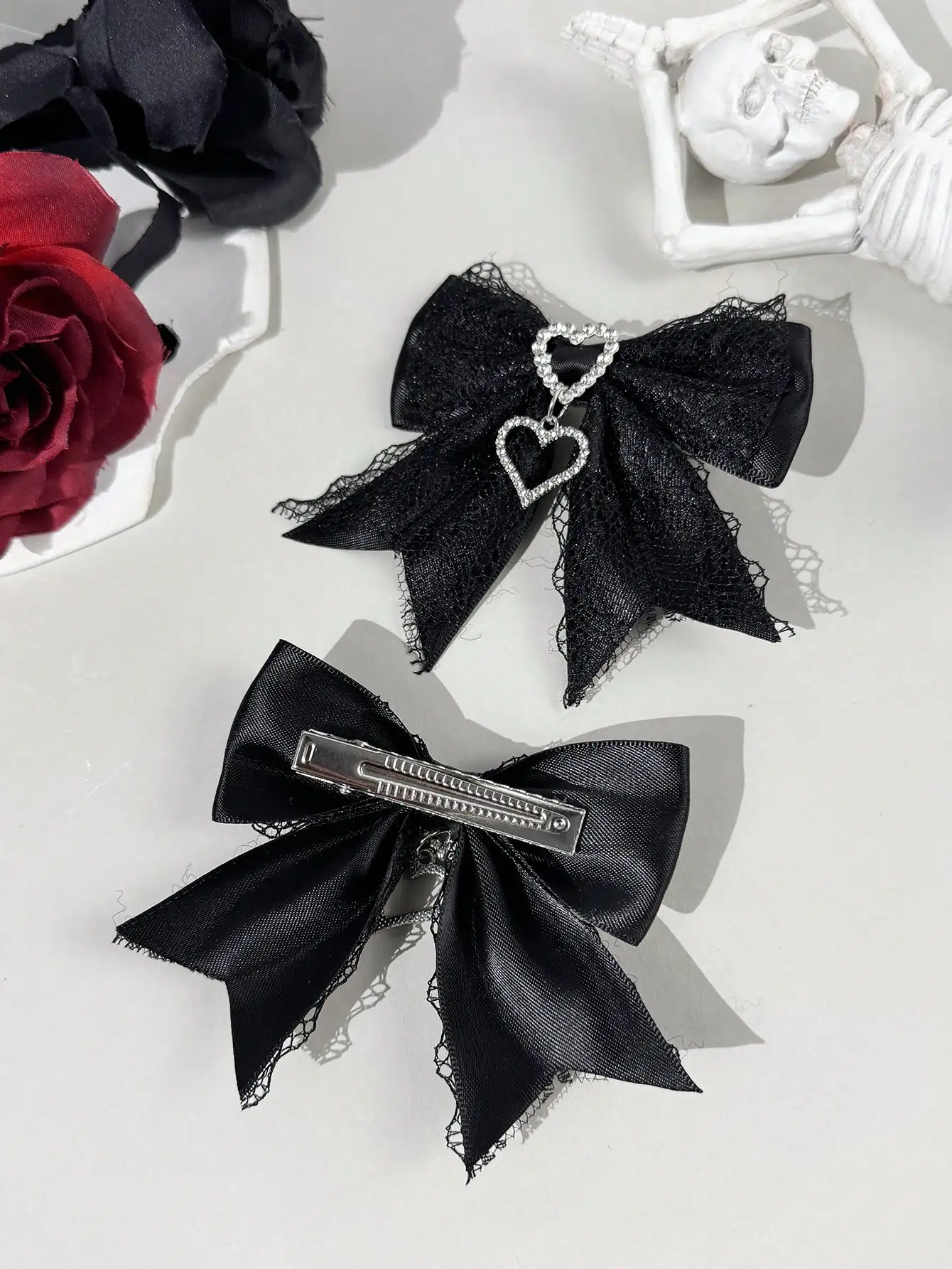 Two-piece set of women's street-style youthful sweet-cool lace ribbon rhinestone accessory bow hair clip, suitable for any scene - view 2