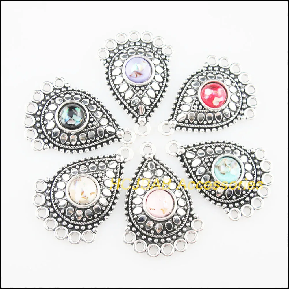 6 New Teardrop Flower Resin Connectors Shivering Mixed Charms Tibetan Silver 25.5x36mm