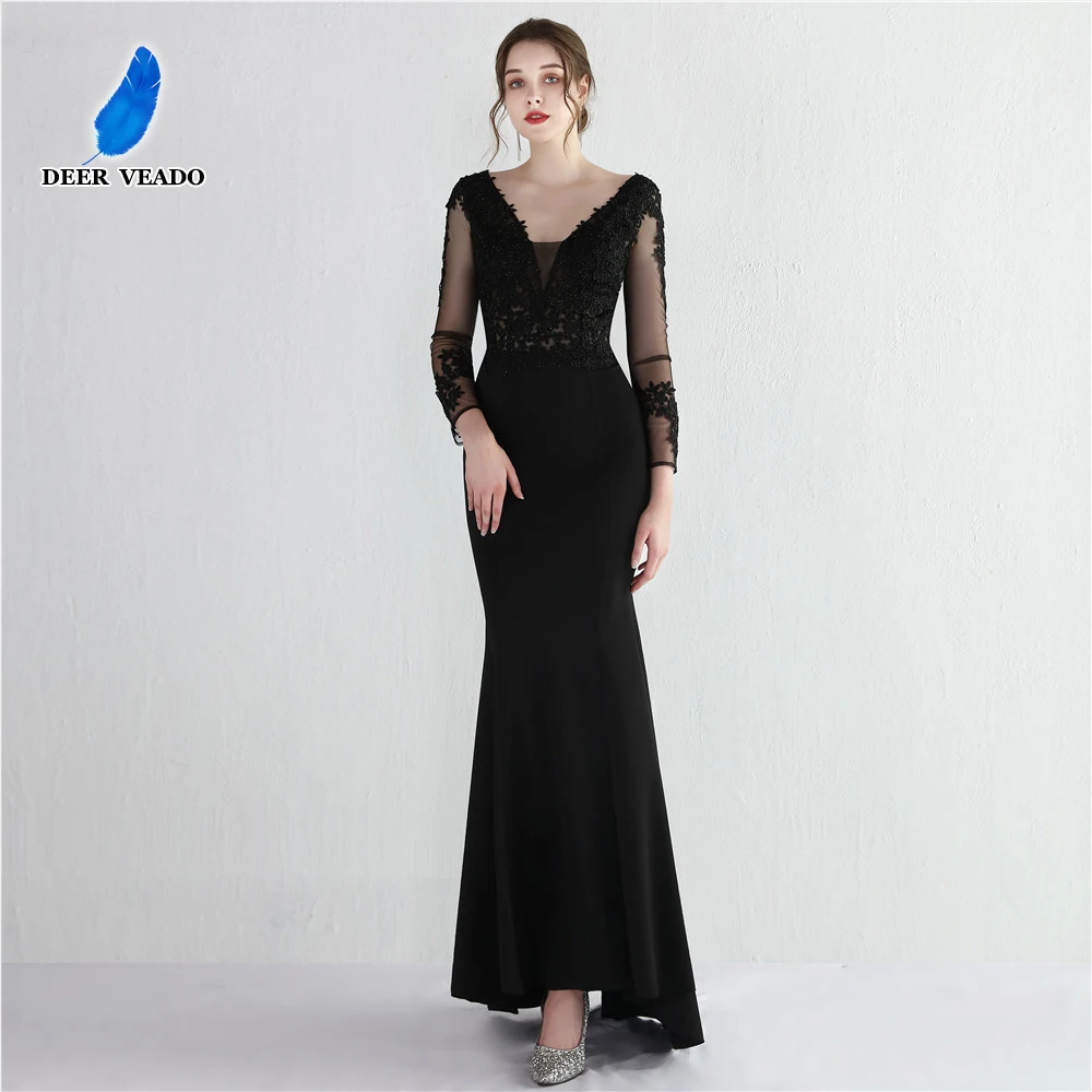 DEERVEADO Elegant Mermaid V Neck Satin Evening Dress with Appliques Full Sleeves Party Maxi Dress for Women Formal Evening Gown