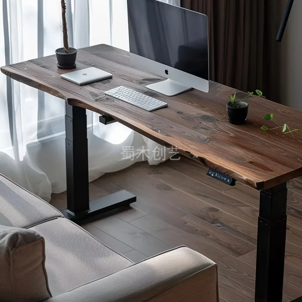 Solid Wood Electric Height Adjustable Standing Desk | Irregular Natural Log Frame Computer Desk