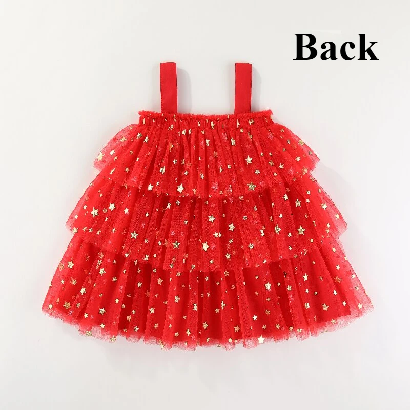 1-9Year Kid Girls New Year Greeting Love Dress Sling Star Printed Mesh Vestidos Layered Tulle Cake Dress with Plush Ball