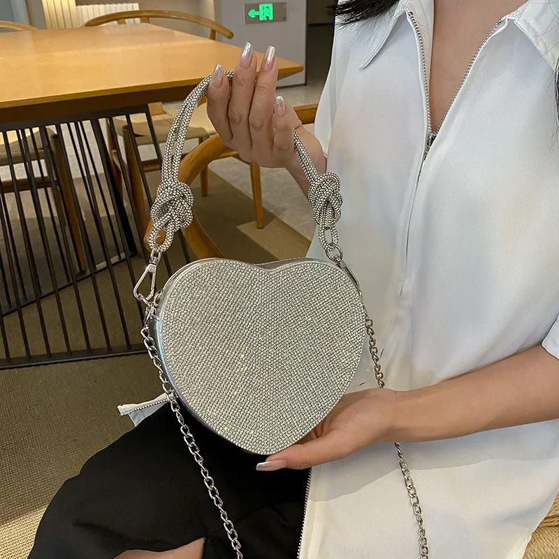 

Love Diamond Box Bag Handmade Dinner Bag Water Diamond Knot Peach Heart Mobile Phone Chain Underarm Crossbody Bag