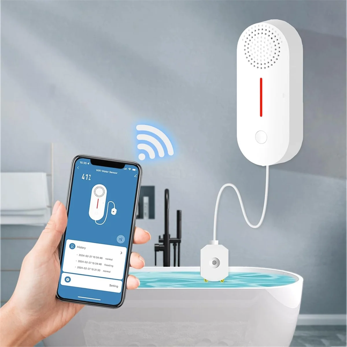 AT42 Water Alarm Leak Detector,Wireless Tank Level Monitor with 100db Sound Light Alarm,App Alert & Monitor-Water Leak Sensor