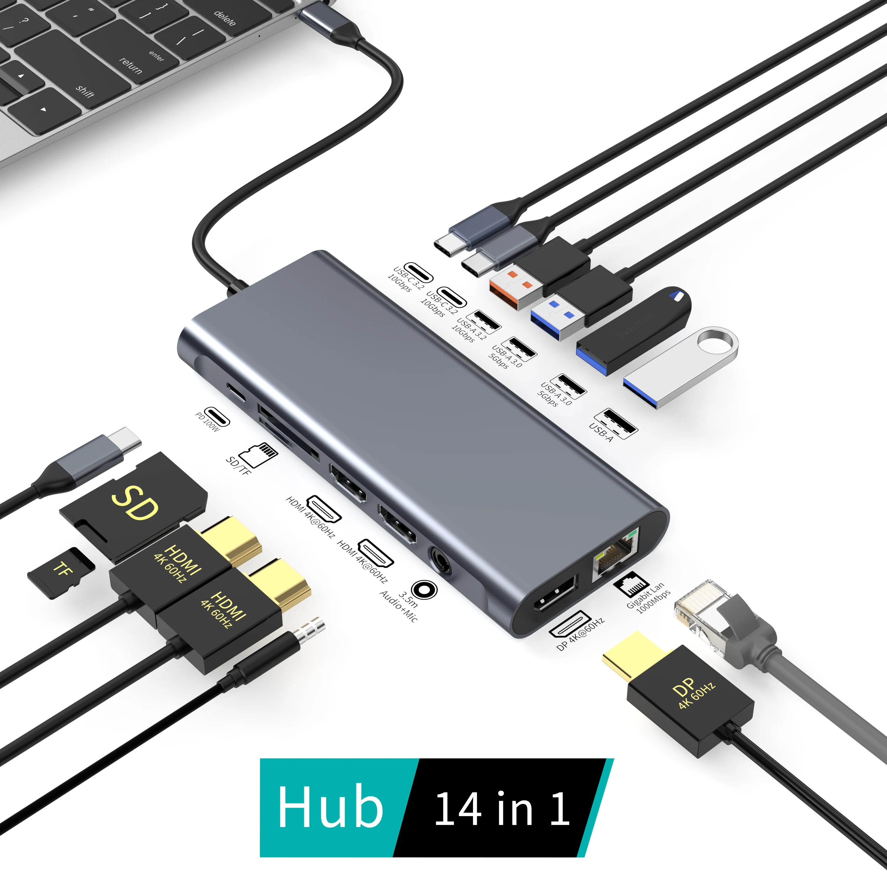 ODM/OEM 14 In1 Usb Hub Display 4K 60H USB-A 3.210Gbps USB-A 3.0 5Gbps Type-C PD 100W 2*Type-C 3.2 10Gbps Docking Station