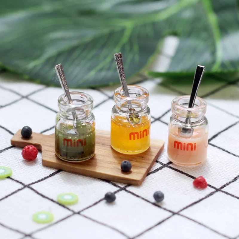 Mini Food Doll House Accessories Diy Tea With Milk Jam Honey Bottle Spoon For 1/12 DollHouse