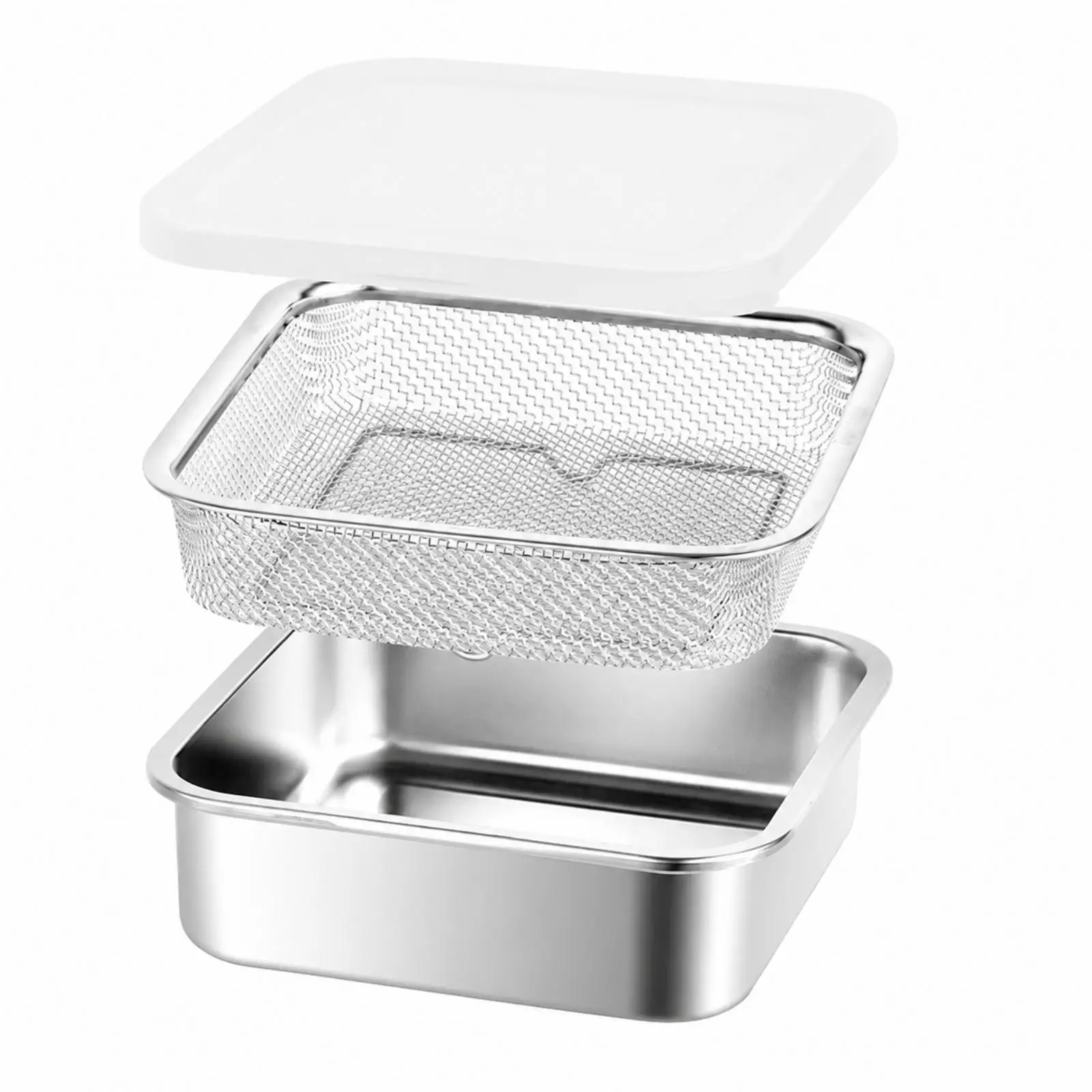 Single Compartment Stainless Steel Food Keeper with Strainer Tray for Produce Rinsing and Vegetable Storage