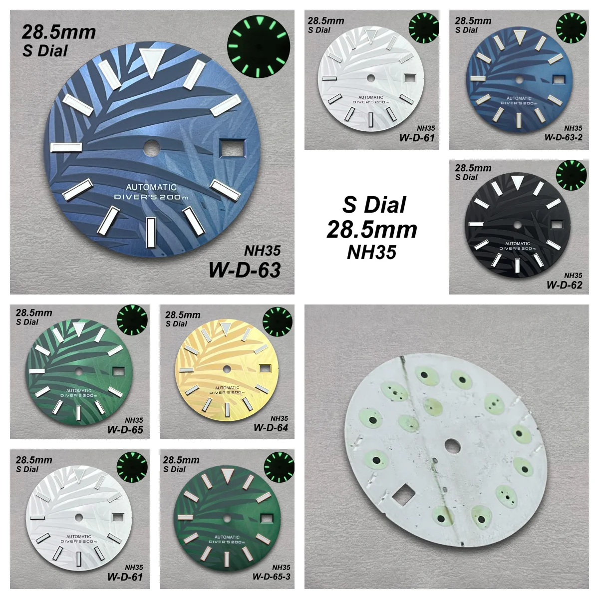 28.5mm SKX007 S Dial Fit NH35/NH36/4R/7S Movement Green Luminous High-Quality Bamboo Leaf Watch Modification Accessories