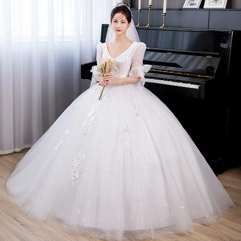 Fashion Classic Plus Size Wedding Dress 2024 New Luxury half Sleeve Sexy V-neck Bride Ball Gown Princess Classic Wedding Gowns