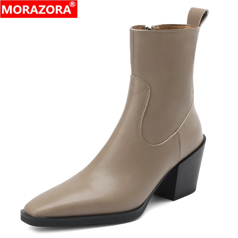 

MORAZORA New Genuine Leather Boots Women Block High Heels Ankle Boots Autumn Winter Ladies Fashion Dress Shoes