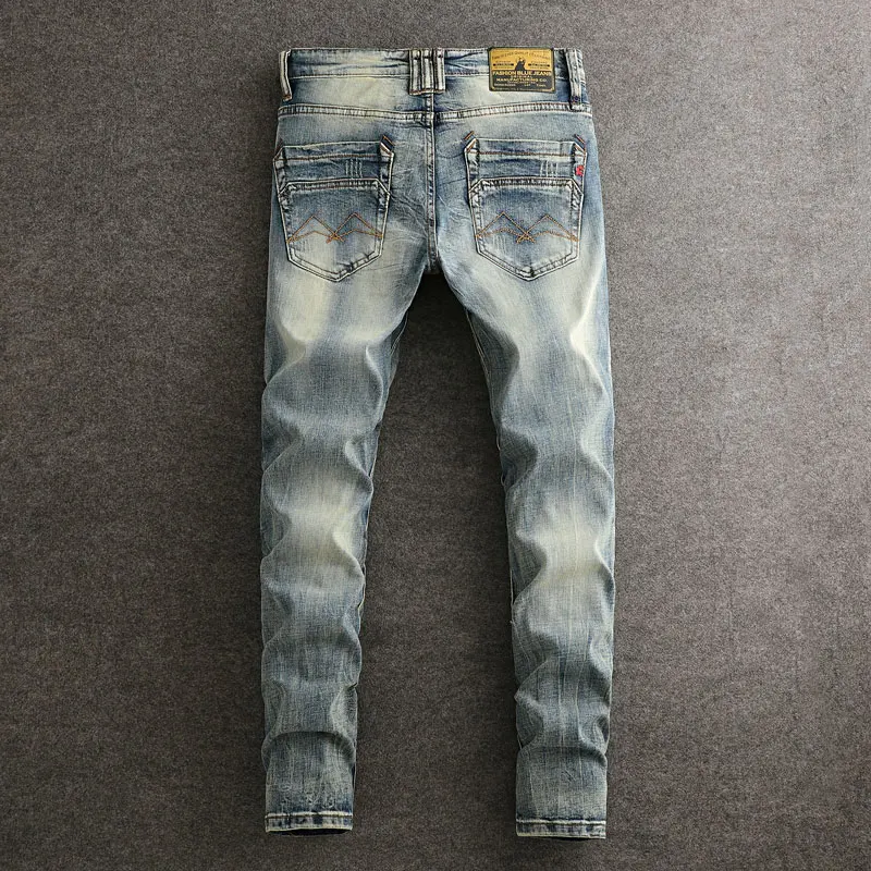 Fashion Designer Men Jeans High Quality Retro Washed Blue Stretch Slim Fit Ripped Jeans Men Vintage Casual Denim Pants Hombre