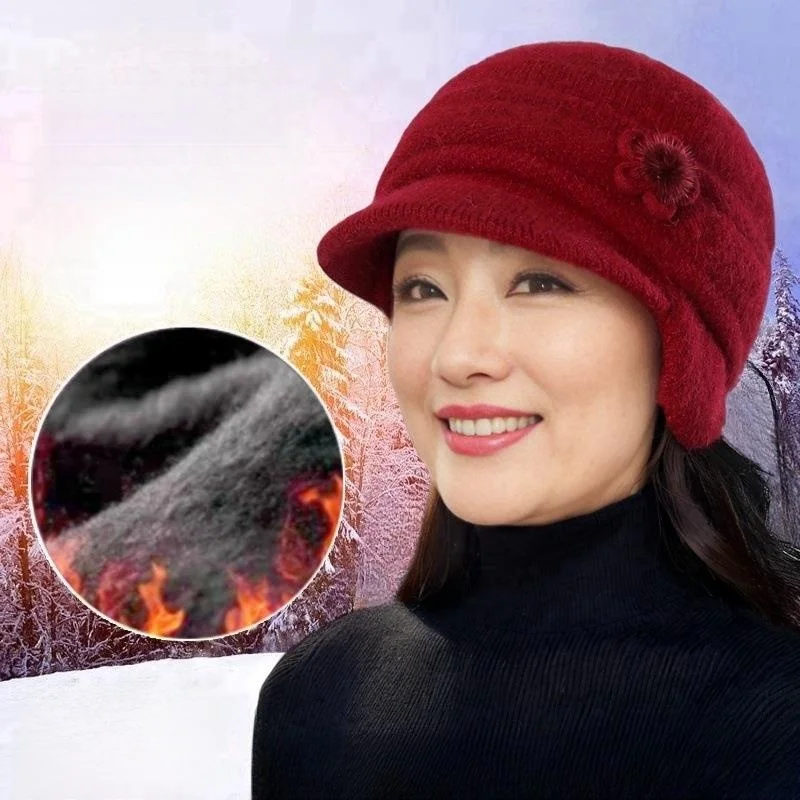 Warm Knitted Hat for Middle-Aged And Elderly Women Windproof Large-Crown Cap Casual Style Non-Adjustable round Top Cap