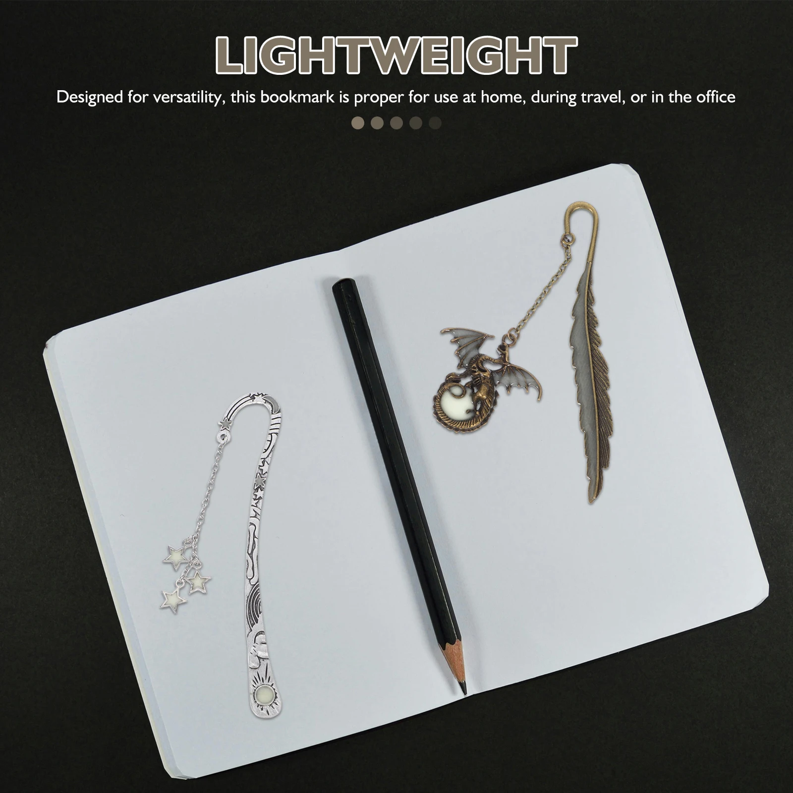 

2Pcs Glowing Iron Bookmark Luminous Fantasy Design Exquisite Pendant Shape Secure Hook Structure Elegant Reading Accessory