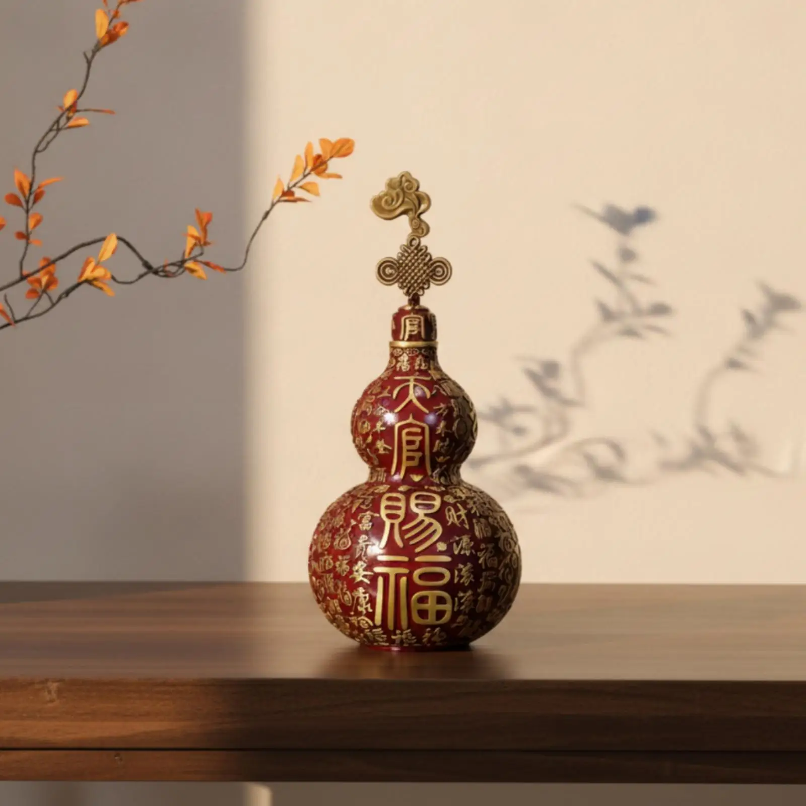 Brass Gourd Figurine Traditional Hollow Shape Gold Red Finish Chinese Character Decorative Ornament for Home Shelf Mantel
