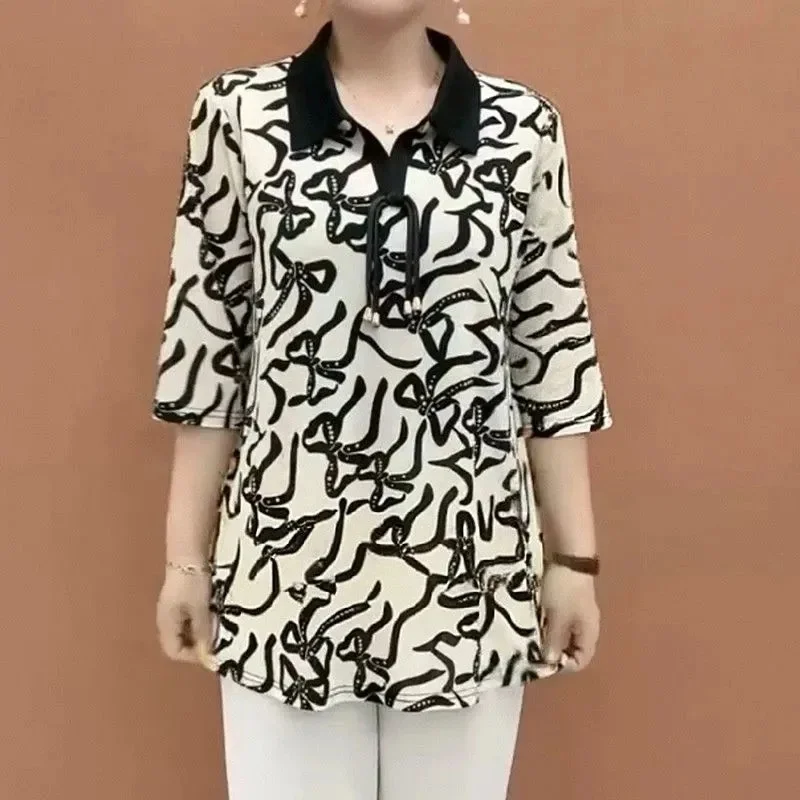 

Female High-end Large Size 6XL T-shirt Retro Middle Aged Mother Lapel Casual Shirt Summer Lady Fashion Middle Sleeve Print Tops