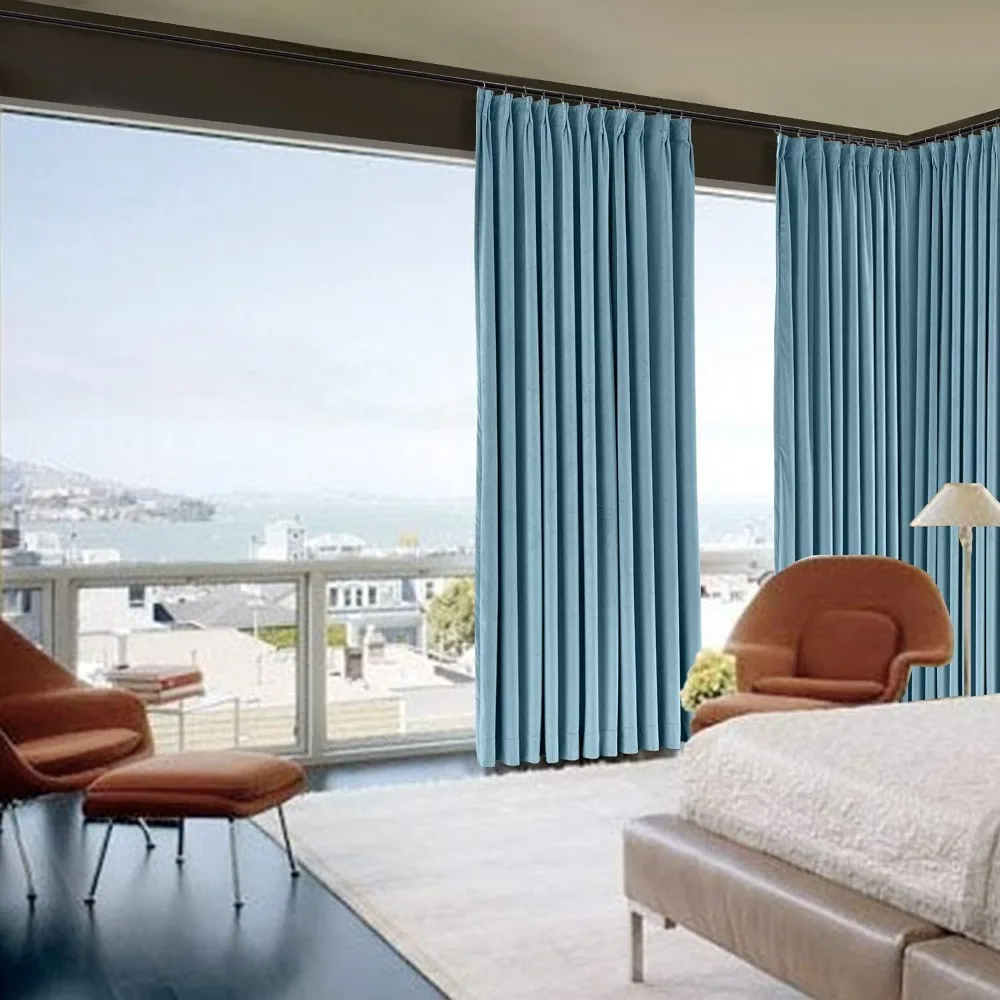 Double Pinch Pleated Curtains Hooks for Living Room Bedroom Bungalow, Light Blue Window Curtains, Wide Size Options for Home Dec